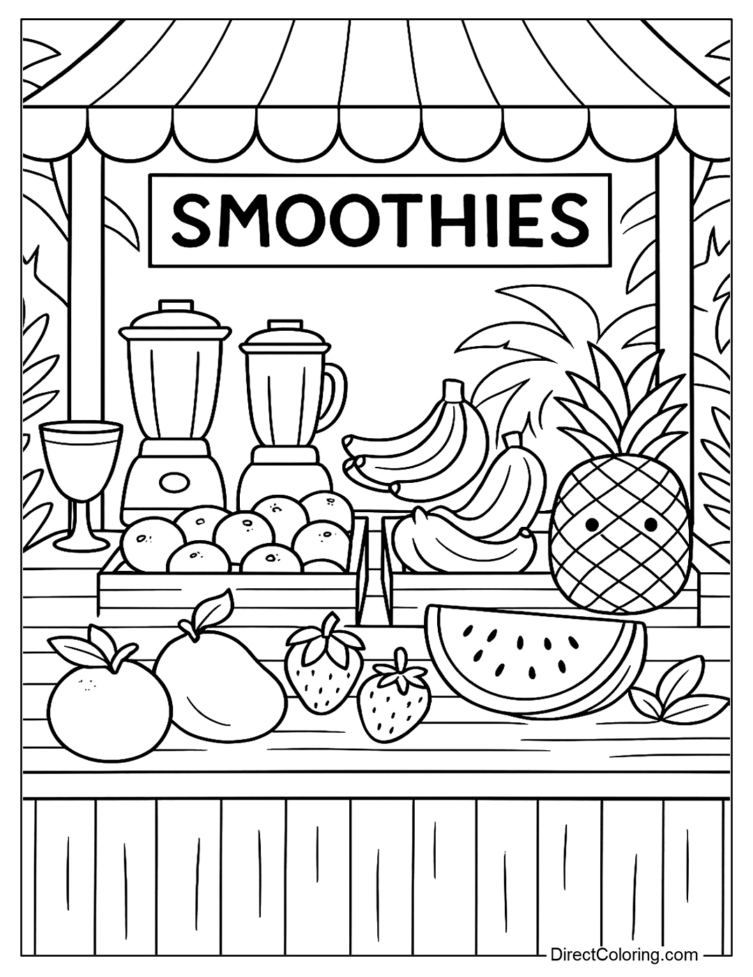coloring page of Fruit and smoothie stand in summer market with many tropical fruits